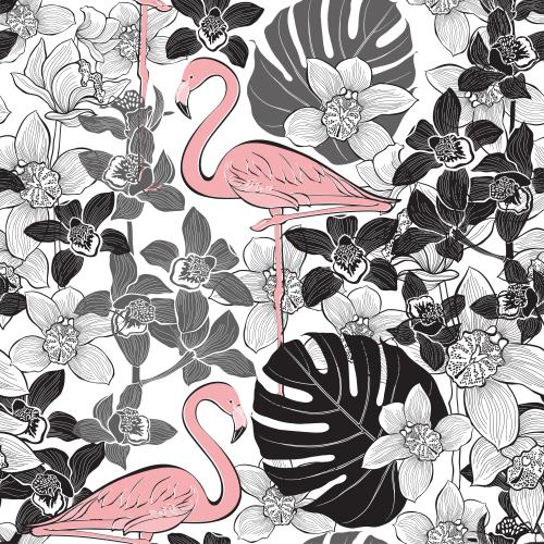 Orchidee. Vektor Rosa Flamingos, monochromen Orchideen und Blätter der Monstera auf weißem