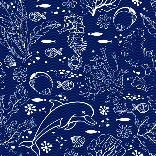Alge. Vektor Delphin, Seeanemonen, Fische, Meeressalze und Korallen, Wellen auf Blauem