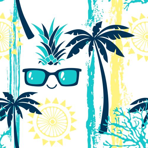 Strand. Vektor cartooncharakter mit Sonnenbrille, Palmen, Sonne, Korallen, farbige texturierte Streifen auf weißem