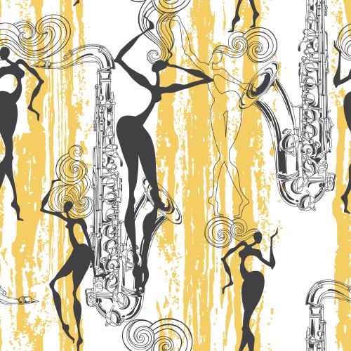 Saxophon. Vektor Saxophone, Tanze Frauen, Texturierte Gelbe Streifen auf Weissem