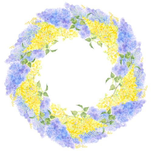 Flieder. Vektor Aquarell-Lilien und Mimosen, runde Rahmen auf dem weißen