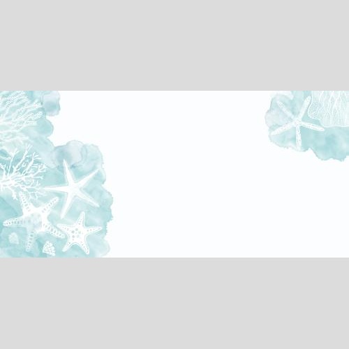 Vektorgrafik meersterne korallen algen muscheln auf blauen aquarell-fragmenten platz für text auf weißem