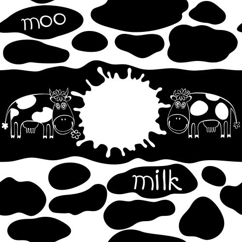 Vektorgrafik kühe, textfeld, schriftzüge moo, milk, schwarze dekorative flecken auf weiß
