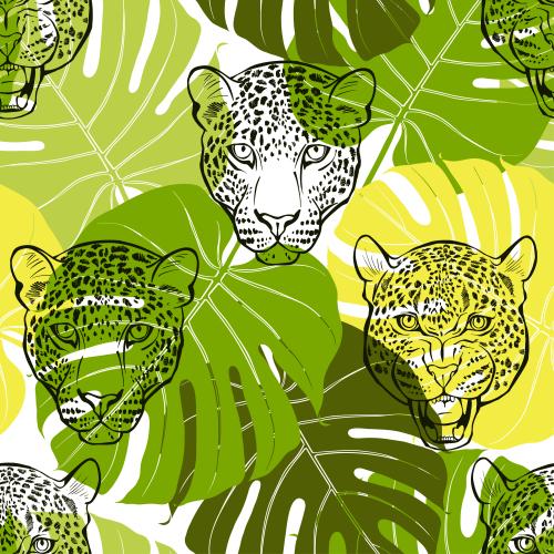 Monstera. Vektor Leopardenköpfe und Monstera-Blätter auf weißem