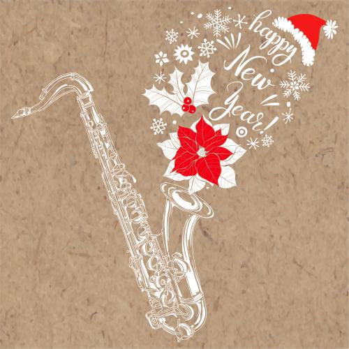 Weihnachtsstern. Vektor Saxophon, Schneeflocken, Eisenkraut, Poinsettia, Weihnachtsmütze und Wunsch Happy New Year, Winterkomposition auf Kraft