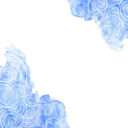 Vektorgrafik wellen auf blauem aquarell, textfeld auf weißem, eckkomposition