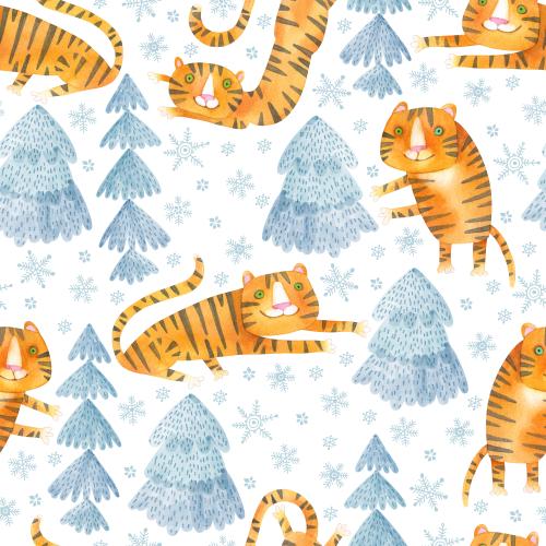 Tiger. Vektor Aquarellcartoontigern Weihnachtsbaeume und Schneeflocken auf weissem