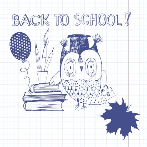 Kugelschreiber. Vektor Cartoon-Eule, Schulbedarf, Text 'Back to School' auf kariertem Papier