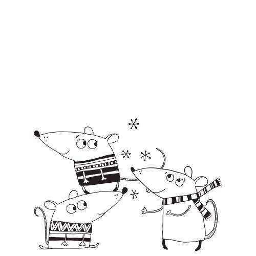Maus. Vektor drei cartoonartige Mäuse, Schneeflocken, Platz für Text auf weißem