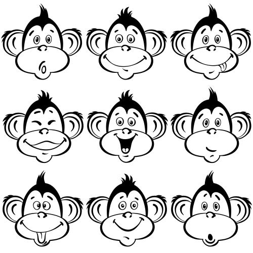 Affe. Vektor Süße Affengesichter mit verschiedenen Emotionen auf weißem