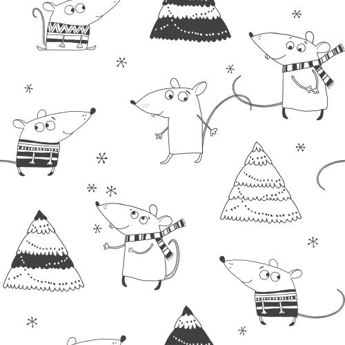 Schneemann. Vektor cartoonartige Ratten, festliche Tannenbäume und Schneeflocken auf weißem