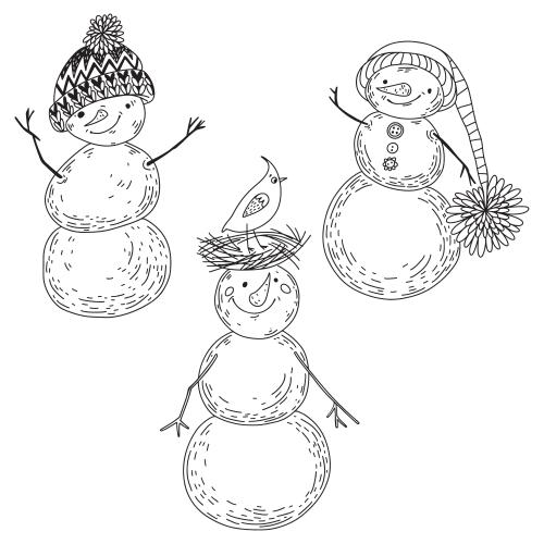 Schneemann. Vektor drei cartoonartige, süße Schneemänner auf weißem