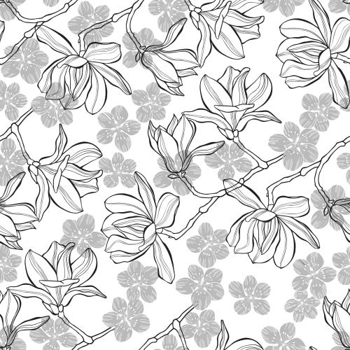 Kirschblüte. Vektor monochrome Magnolien und Sakura auf weißem