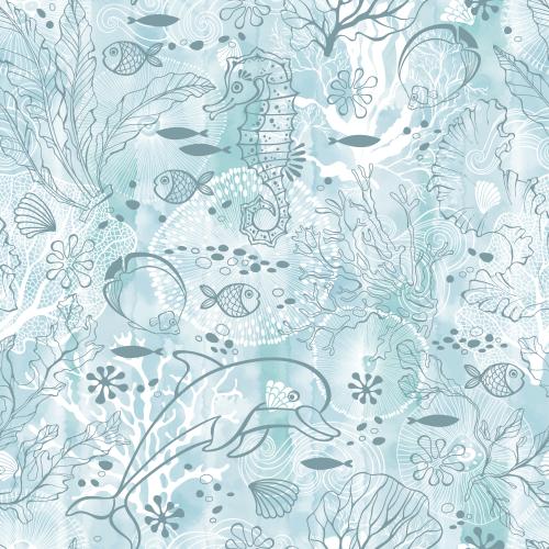 Delfin. Vektor Delphin, Seeigel, Fische, Meereskreaturen, Algen und Korallen auf blauem Aquarell