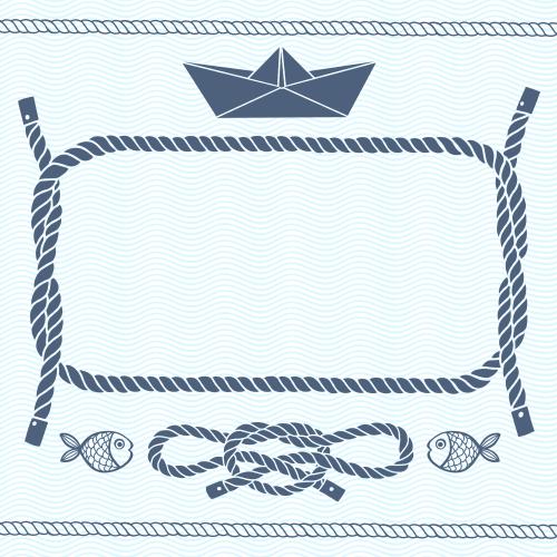 Seemannsknoten. Vektor rechteckiger Rahmen aus Seilen mit Platz für Text, Seile, Papierboot, Seemannsknoten, Fische auf blauen Wellen