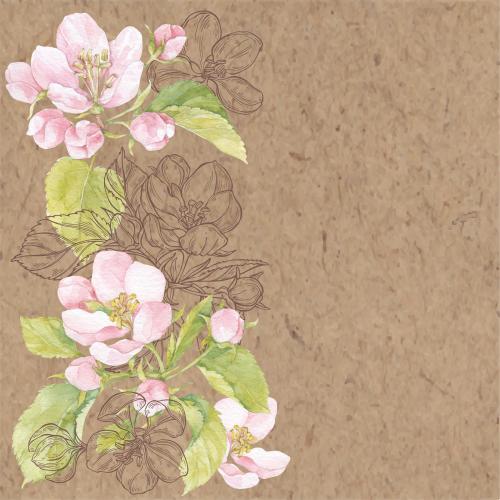 Rasterbild aquarellblumen und apfelbaumblätter, platz für text auf kraft