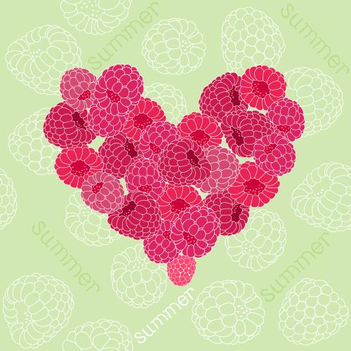 Himbeere. Vektor Himbeeren, Himbeere in Herzform, Schriftzug Summer auf Grün