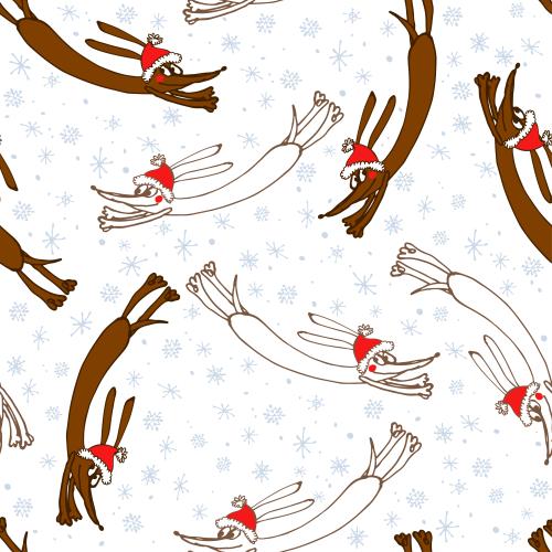 Vektorgrafik cartoonartige laufende hunde in weihnachtsmützen auf weißem mit schneeflocken