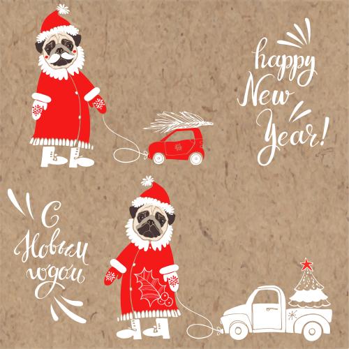 Auto. Vektor Süße Mops in Weihnachtsmann-Kostümen mit Spielzeugautos