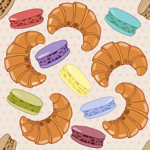 Macaron. Vektor Croissants und bunte Macarons