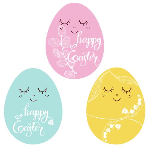 Weide. Vektor drei unterschiedlich farbige cartoonartige Ostereier mit Lilien, Brom und Aufschriften Happy Easter