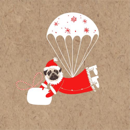 Luftballon. Vektor Hübscher Mops im Weihnachtsmann-Anzug mit Geschenk fällt mit Fallschirm ab