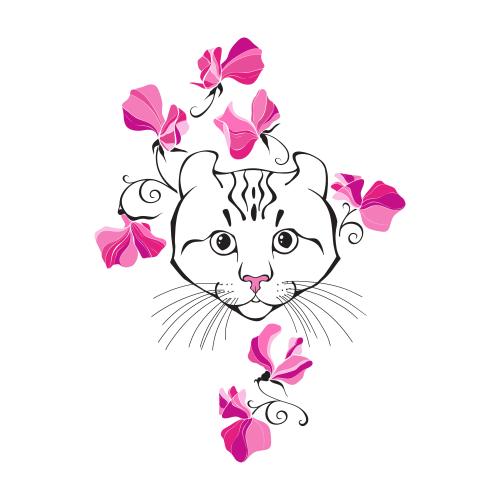 American curl. Vektor amerikanischer Curl Katze, süßes Gesicht und Duftgurkenblumen auf weißem