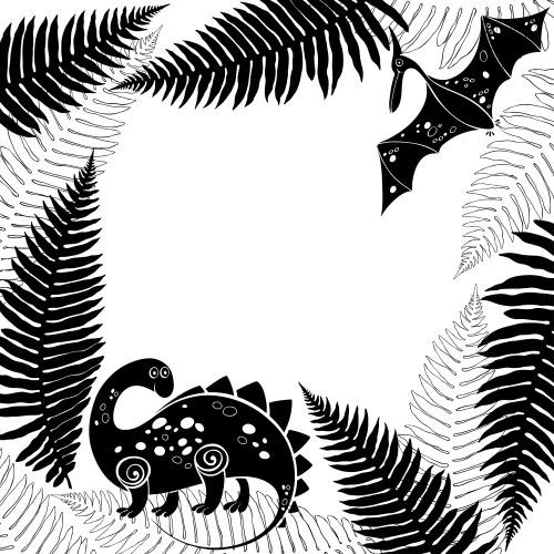 Farn. Vektor quadratischer Rahmen mit cartoonartigem Dinosaurier, Pterodaktyl und Farne auf weißem