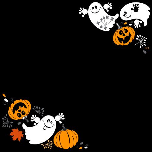 Herbst. Vektor Hübsche Geister, lustige Kürbisse, Blätter, Textfläche auf schwarz, Eckkomposition