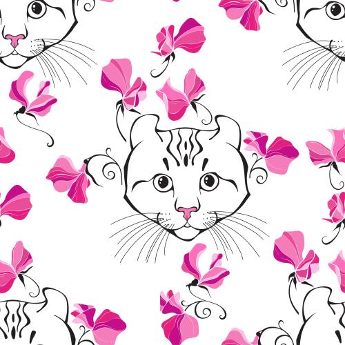 American curl. Vektor amerikanischer Kurl, hübsche Gesichter und Blumen des duftenden Erbsen auf weißem