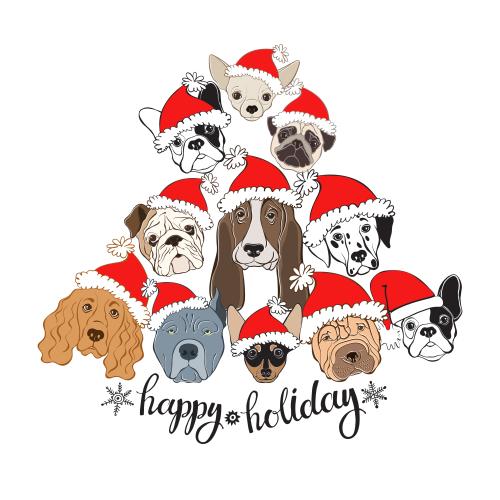 Vektorgrafik schöne hundegesichter in weihnachtsmützen und text happy holiday auf weißem