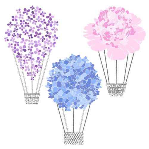 Luftballon. Vektor Blumenluftballons, Hydrangea, Pionien, Lilien, Farbige Silhouetten auf weißem