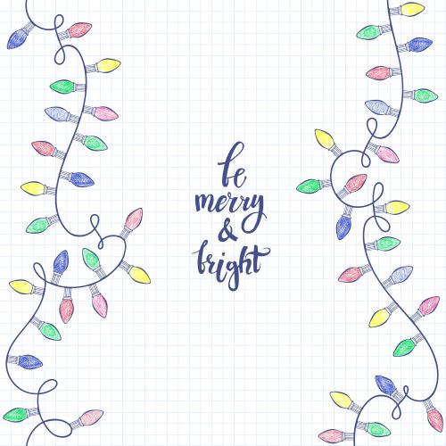 Vektorgrafik lichterketten mit farbigen lampen, schriftzug be merry and bright auf kariertem papier