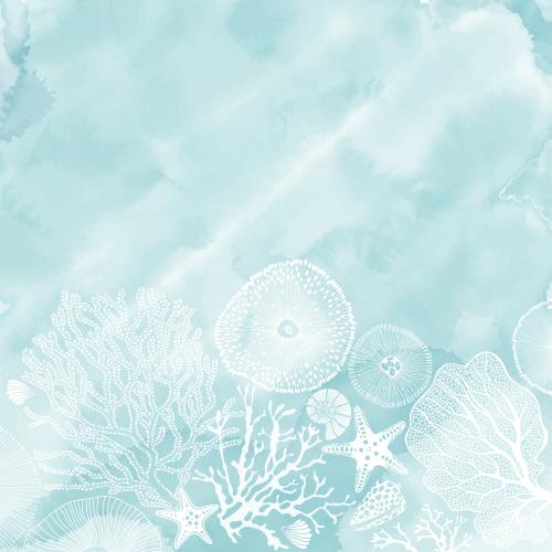 Vektorgrafik meersterne, muscheln, nautili, unterwasserwesen, korallen, platz für text auf blauem aquarell