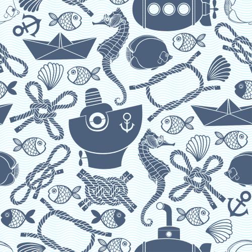 Meer. Vektor cartoonartige blaue Silhouetten und Konturen im maritimen Thema auf blauen Wellen