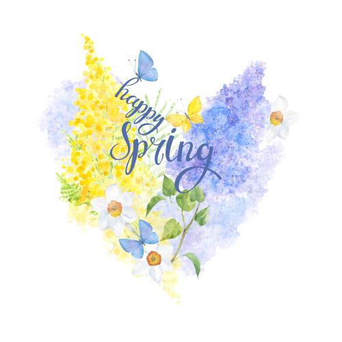 Flieder. Vektor Herz aus Aquarellfarben Lavendel Mimose Narzissen Schmetterlinge und die Aufschrift happy spring auf weißem