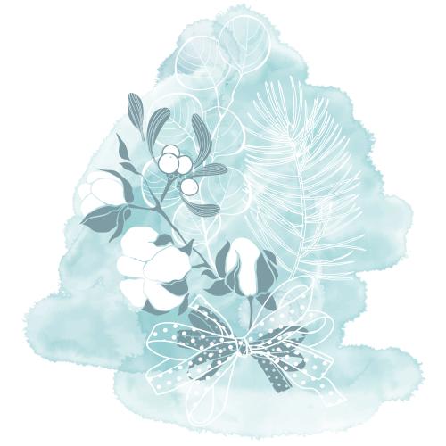 Vektorgrafik bouquet aus baumwollzweigen, eukalyptuszweigen, kiefernzweigen, mispelzweigen mit band auf blauem aquarell