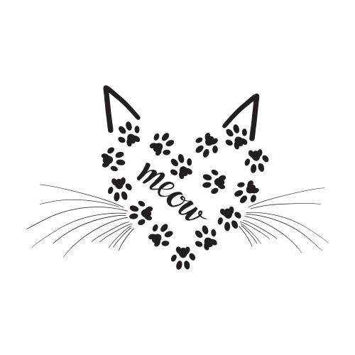 Vektorgrafik herzchen aus katzenpfoten, aufschrift meow, ohren und schnurrhaare auf weißem