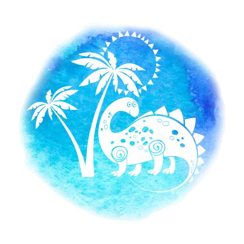 Sommer. Vektor Hübscher animierter Dinosaurier unter einer Palme auf blau-grünem Aquarell