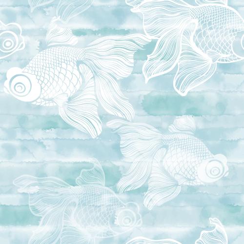Vektorgrafik goldfische, weiße silhouetten und konturen auf blauem aquarell