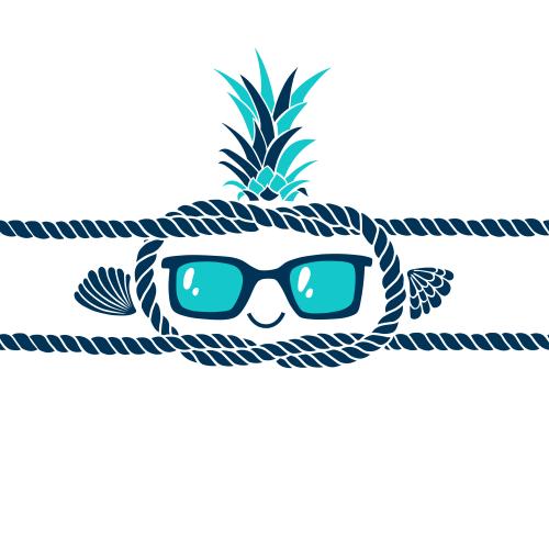 Ananas. Vektor Urlaubskomposition, cartoonischer Charakter mit Sonnenbrille, Muscheln, mariner Knoten auf weißem