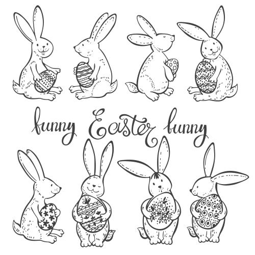 Vektorgrafik cartoon-kaninchen mit oster-eiern, text 'easter' auf weißem