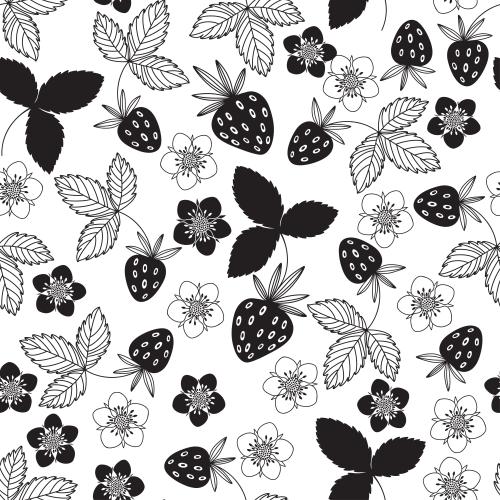 Erdbeere. Vektor Erdbeere, Blumen, Blätter und Beeren, schwarze Silhouetten und Konturen auf weißem