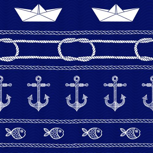 Meer. Vektor seile mit Seemannsknoten, Fische, Anker, Papierboote auf blauen Wellen