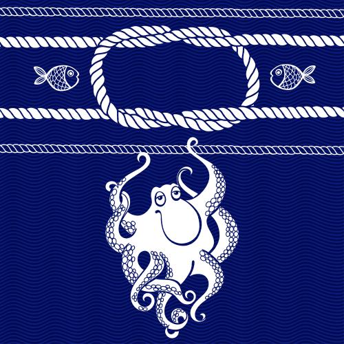 Seemannsknoten. Vektor Meeresschnüre und Knoten, Fische und Malti-Oktopus auf blauen Wellen