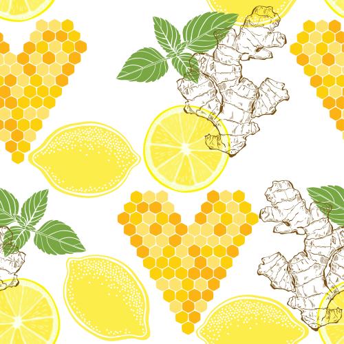 Vektorgrafik honigwabenherzen, limonen, ingwer und minze auf weißem