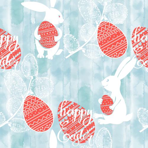 Aquarell. Vektor maltische Kaninchen mit paschalen Eiern, Weidenzweige, Eier und Inschriften Happy Easter auf blauem Aquarell