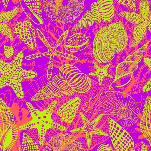 Vektorgrafik meersterne muscheln nautili meeresschweinchen korallen algen lebendige silhouetten und konturen auf rosa-lila