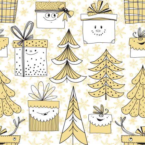 Vektorgrafik cartoonartige geschenkboxen, stilisierte tannenbäumchen und schneeflocken auf weißem