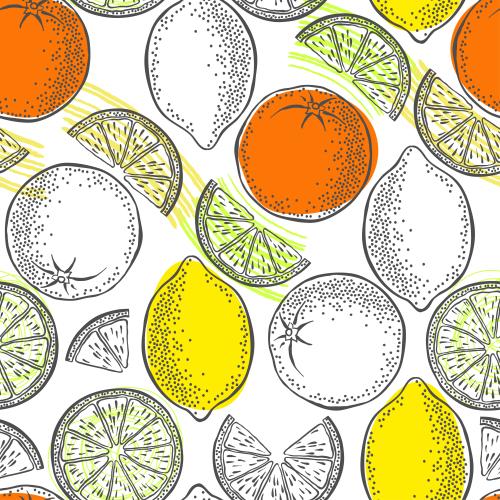 Vektorgrafik orangen und zitronen, scheiben und ganze früchte, dekorative farbige flecken und streifen auf weiß